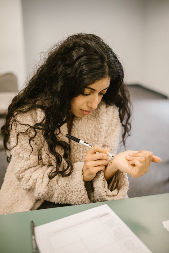services-04 A woman writes exam notes on her hand in a classroom setting, illustrating test preparation.